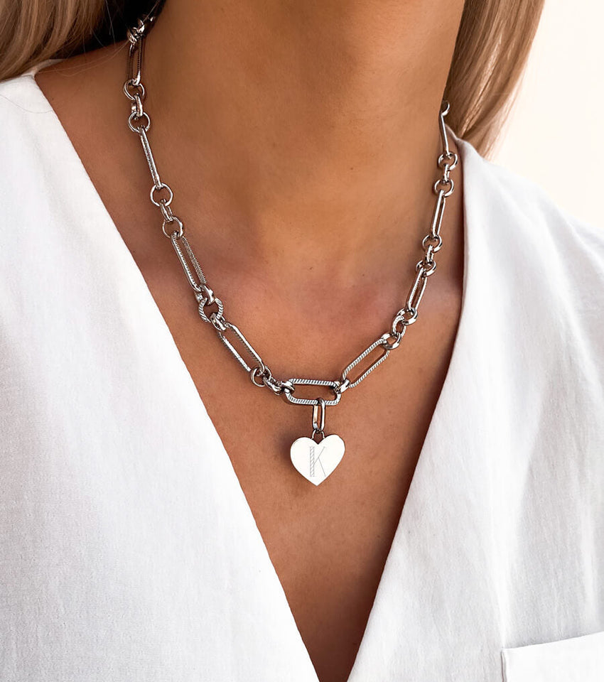 Heart Figaro Chain Necklace (Silver)