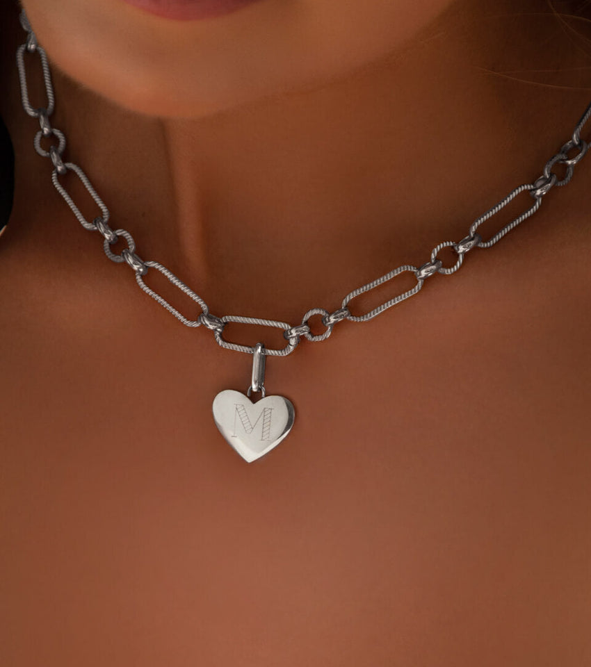 Heart Figaro Chain Necklace (Silver)