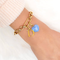 Letter & Birthstone Figaro Chain Bracelet (Gold)