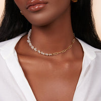 Paperclip Chain White Beaded Necklace (Gold)