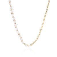 Paperclip Chain White Beaded Necklace (Gold)