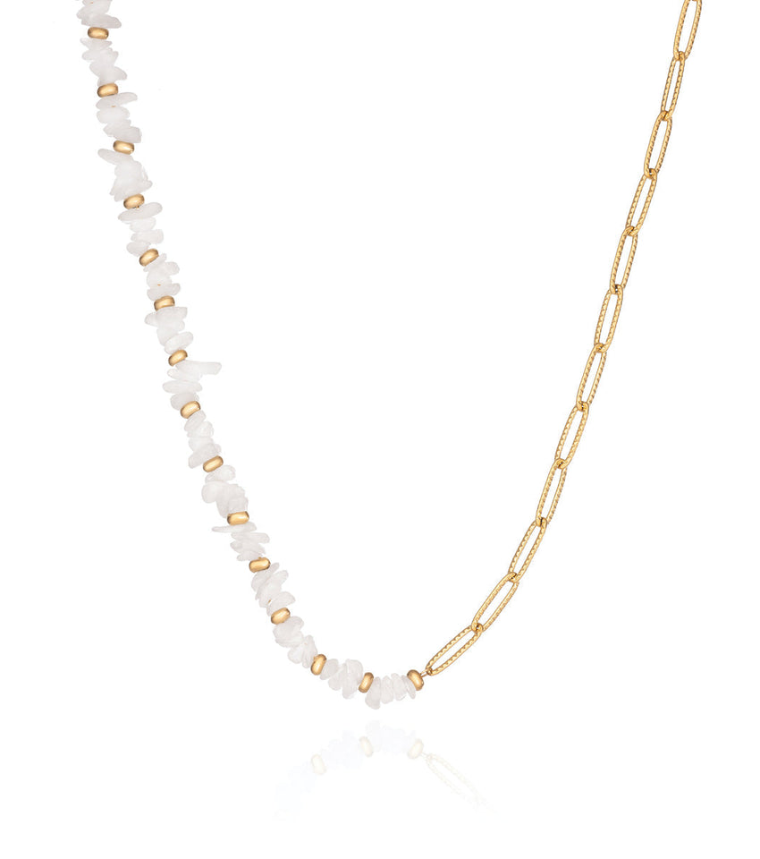 Paperclip Chain White Beaded Necklace (Gold)