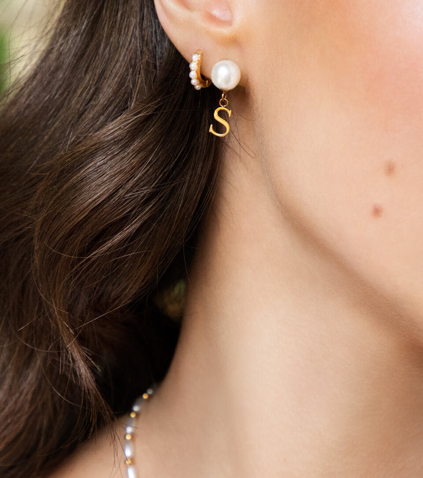 Pearl Initial Drop Earrings (Gold)