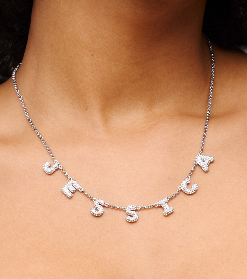 Spotlight Pavé Bubble Name Necklace (Silver)