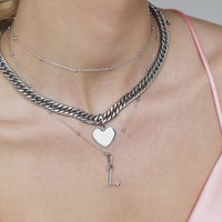 Heart Curb Chain Necklace (Silver)