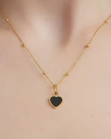 Black Enamel Heart & Initial Necklace (Gold)