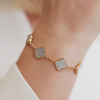 Crystal Heart Bangle & Multi Pearl Clover Bracelet Set (Gold)