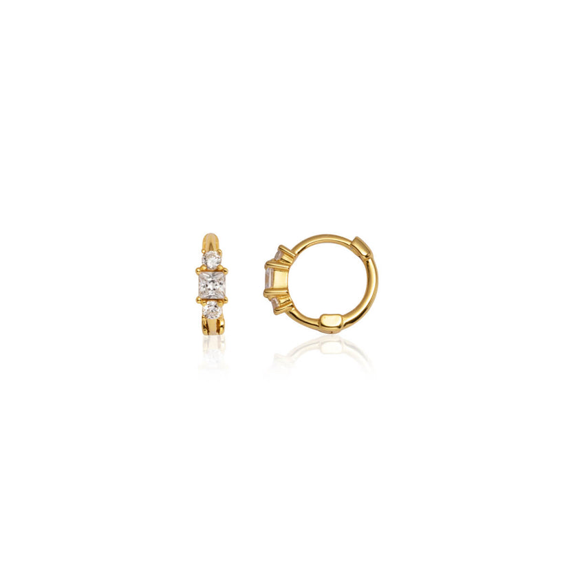 Sterling Silver Triple Crystal Huggie Hoop Earrings (Gold)