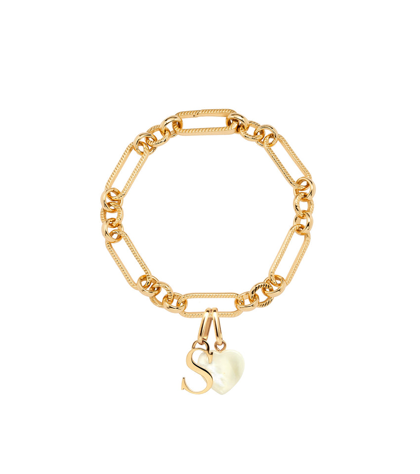 Letter & Birthstone Figaro Chain Bracelet (Gold)