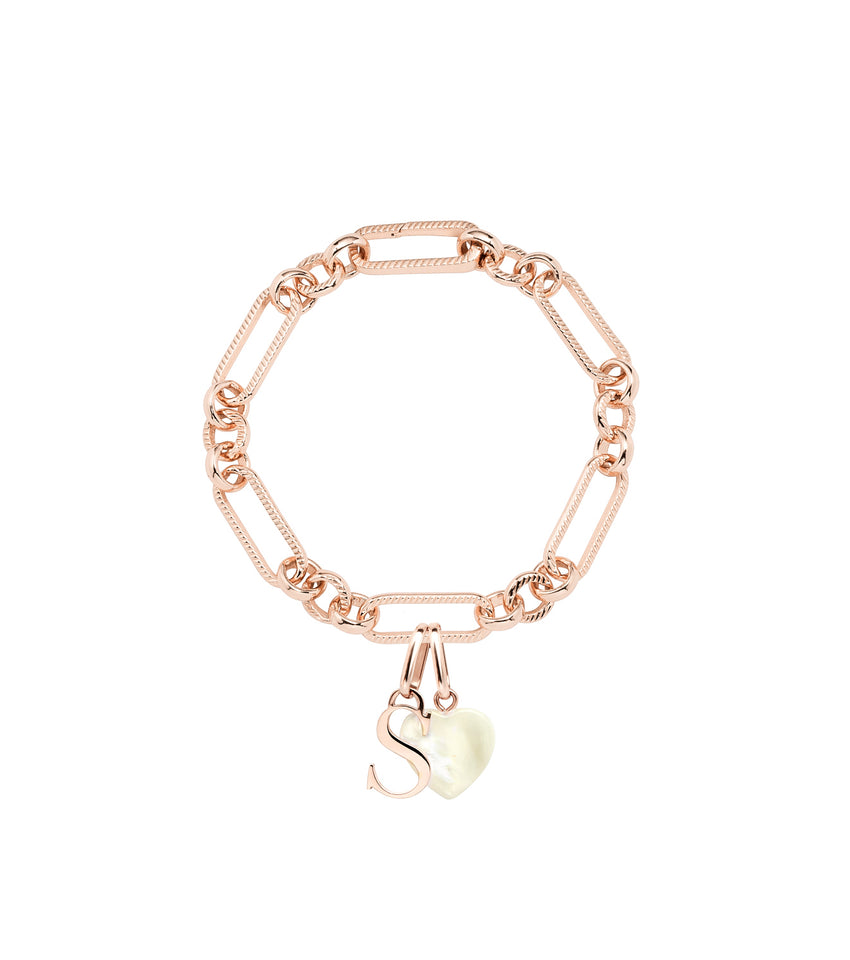Letter & Birthstone Figaro Chain Bracelet (Rose Gold)