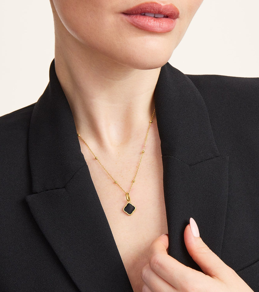 Black Enamel Clover Pendant Necklace (Gold)