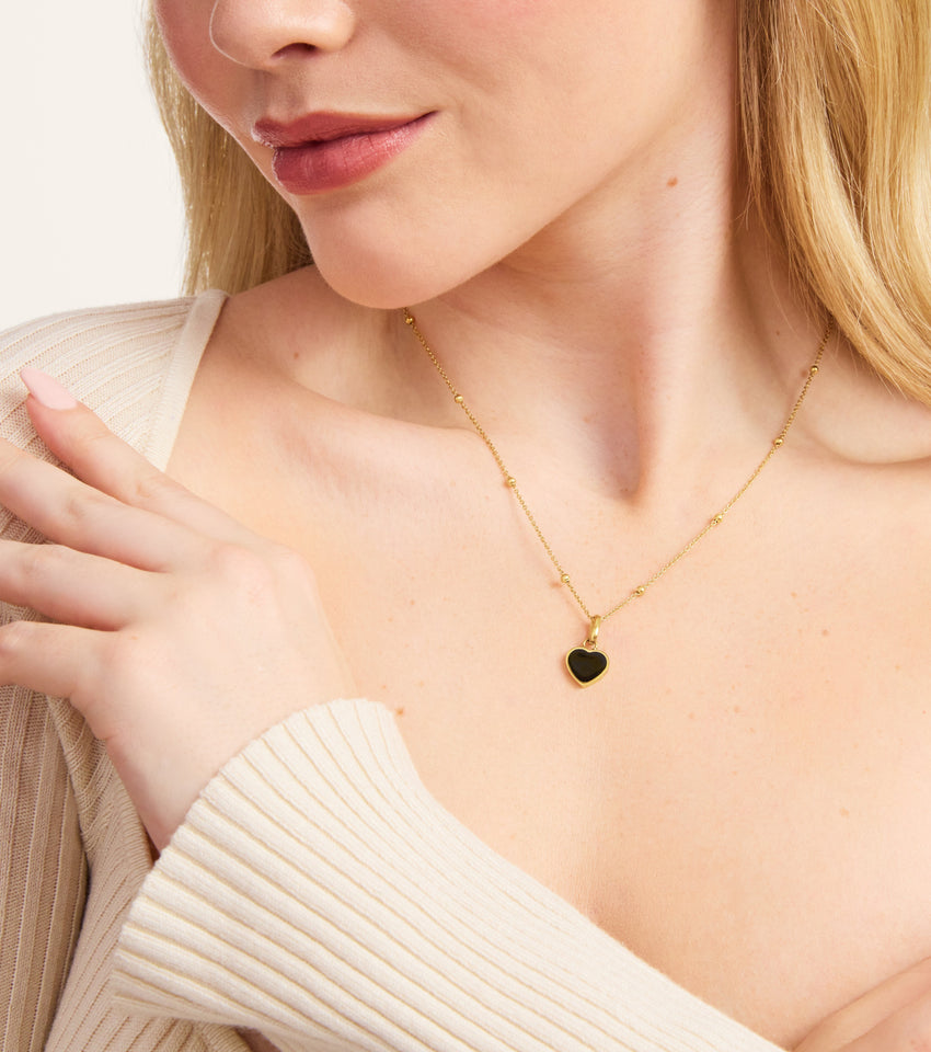 Black Enamel Heart Necklace (Gold)