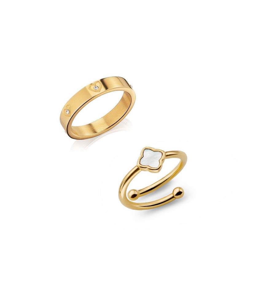 Crystal Heart & Pearl Clover Ring Set (Gold)