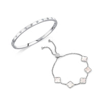 Crystal Heart Bangle & Multi Pearl Clover Bracelet Bundle (Silver)