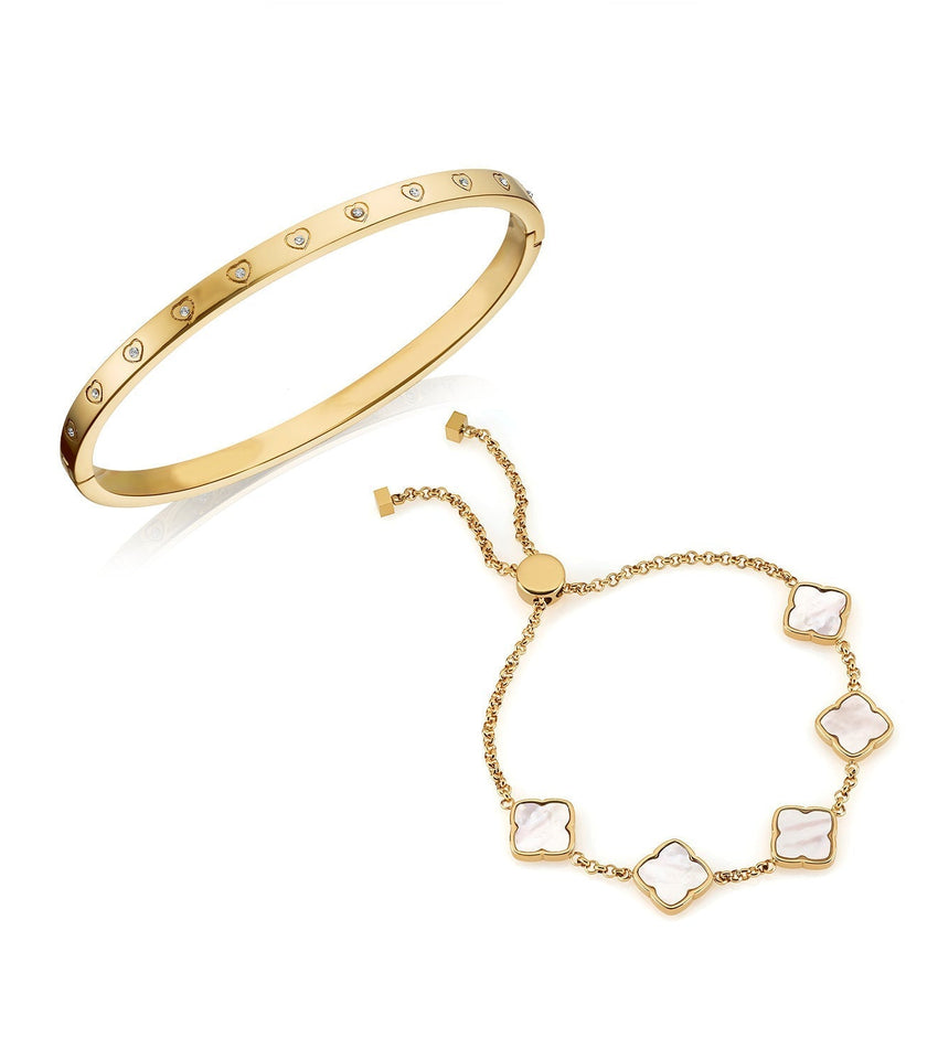 Crystal Heart Bangle & Multi Pearl Clover Bracelet Set (Gold)