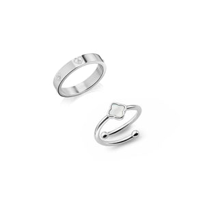 Crystal Heart & Pearl Clover Ring Set (Silver)