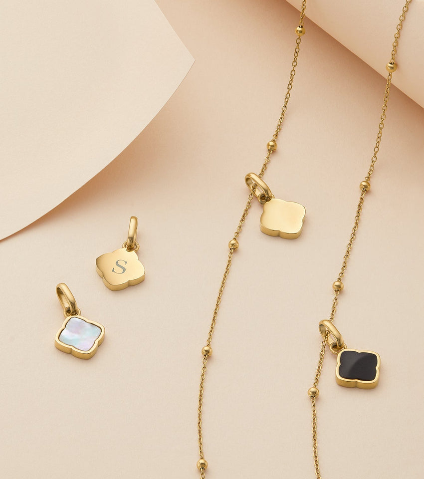 Black Enamel Clover & Initial Necklace (Gold)