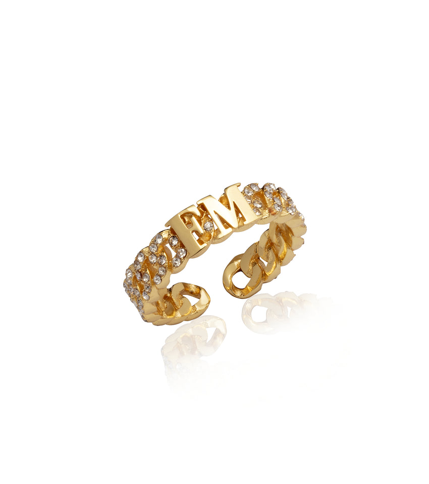 Crystal Link Chain Initial Ring (Gold)