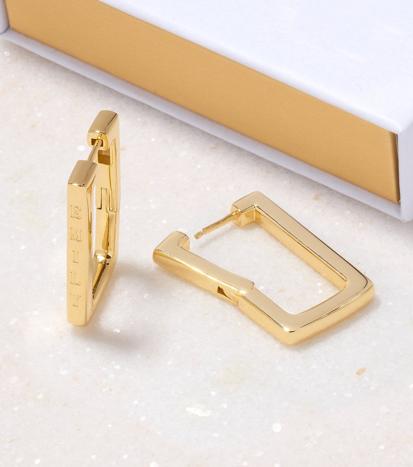 Custom Stamped Name Square Hoop Earrings (Gold)