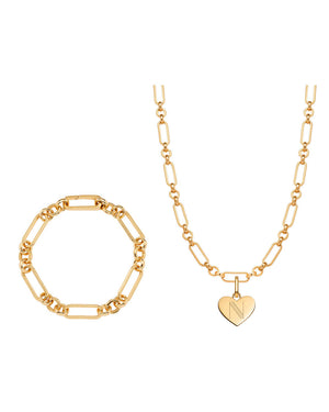 Heart Figaro Chain Necklace & Bracelet Set (Gold)