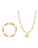 Heart Figaro Chain Necklace & Bracelet Bundle (Gold)