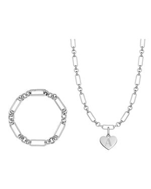 Heart Figaro Chain Necklace & Bracelet Set (Silver)