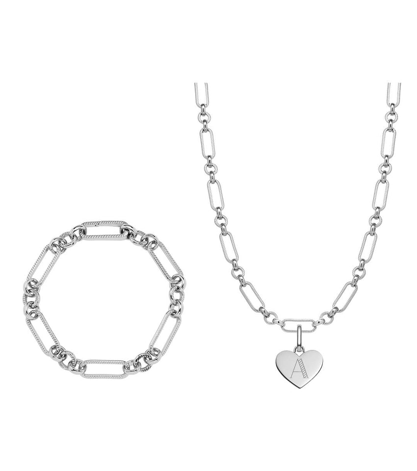Heart Figaro Chain Necklace & Bracelet Bundle (Silver)