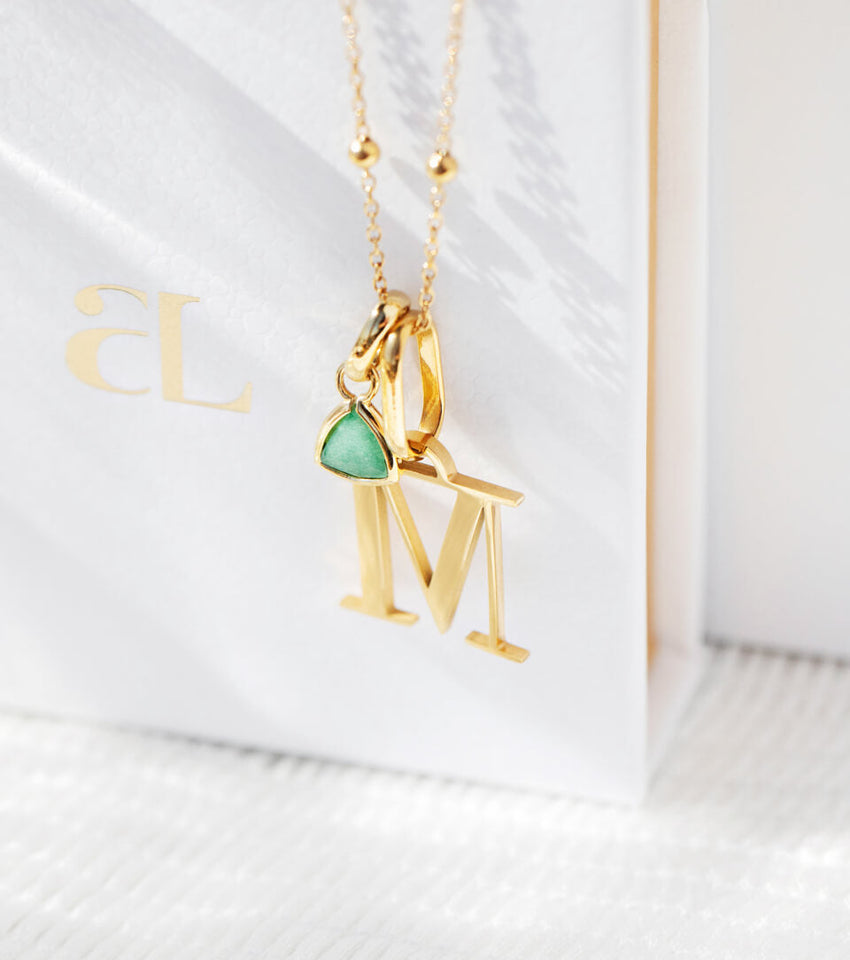 Personalized Initial & Droplet Birthstone Necklace (Gold)
