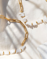 Paperclip Chain White Beaded Necklace (Gold)
