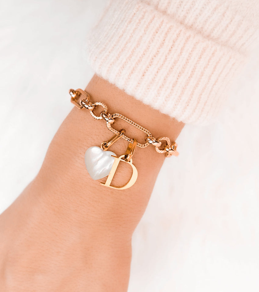 Letter & Birthstone Figaro Chain Bracelet (Rose Gold)