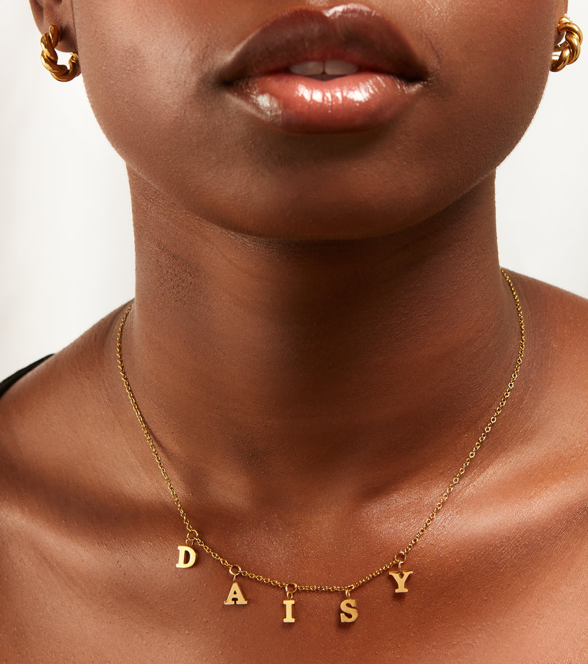 Mini Hanging Letter Name Necklace (Gold)