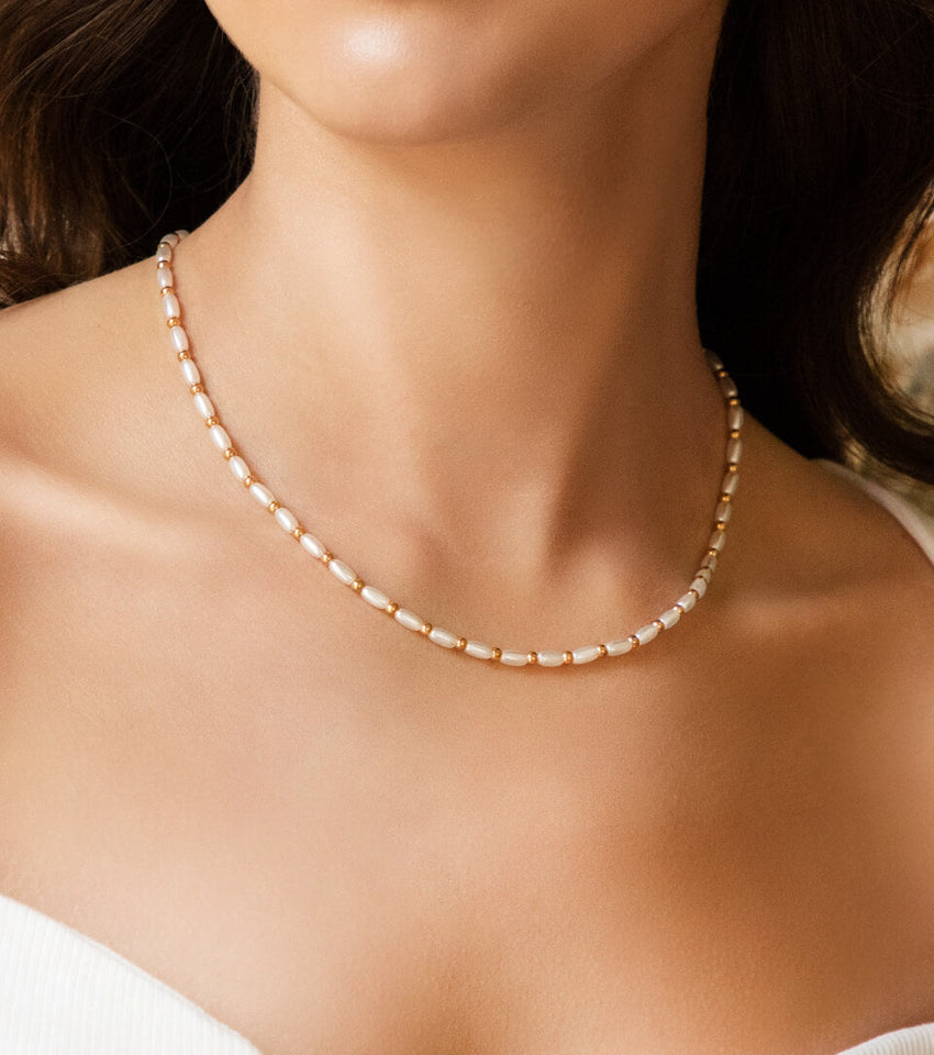 Affordable Antique Jewelry: Simple Pearl Chain Necklace Set with Earrings  NL26094