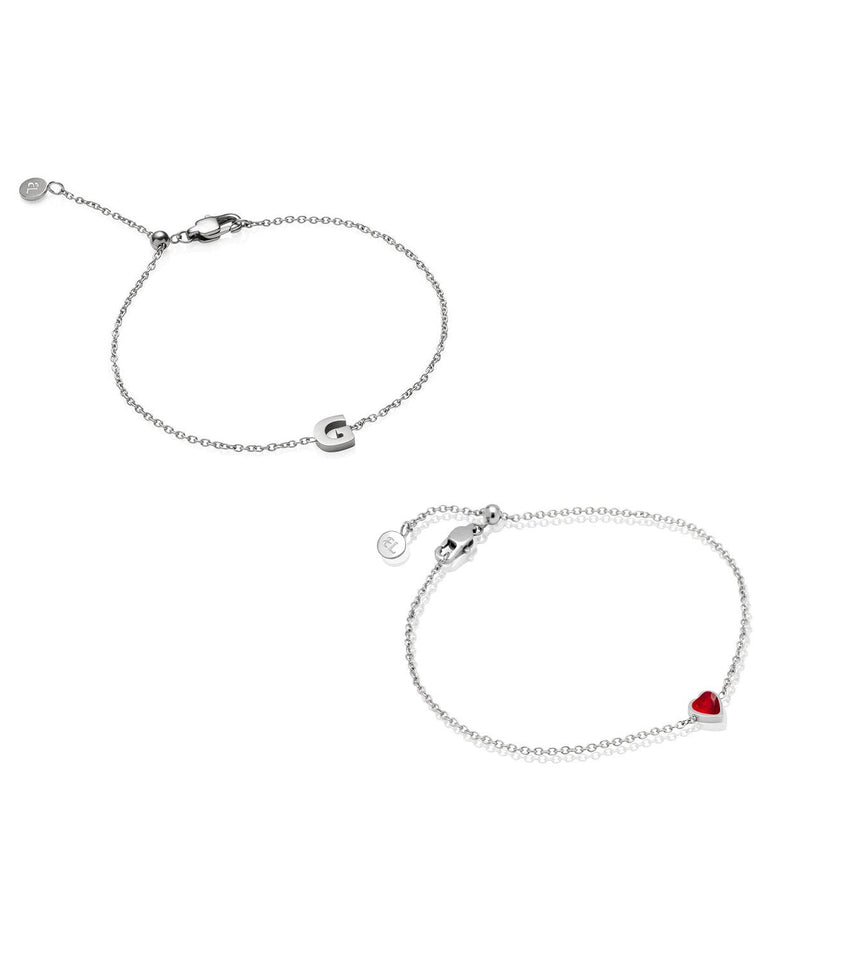 Mini Heart Birthstone & Initial Bracelet Bundle (Silver)