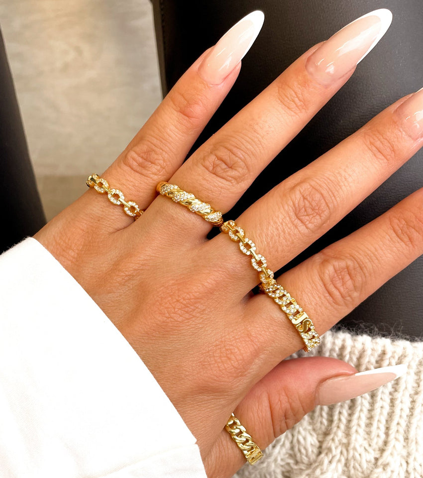 Sterling Silver Crystal Link Chain Ring (Gold)