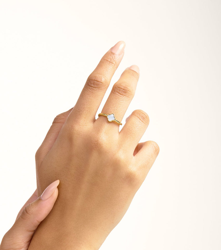 Crystal Heart & Pearl Clover Ring Bundle (Gold)