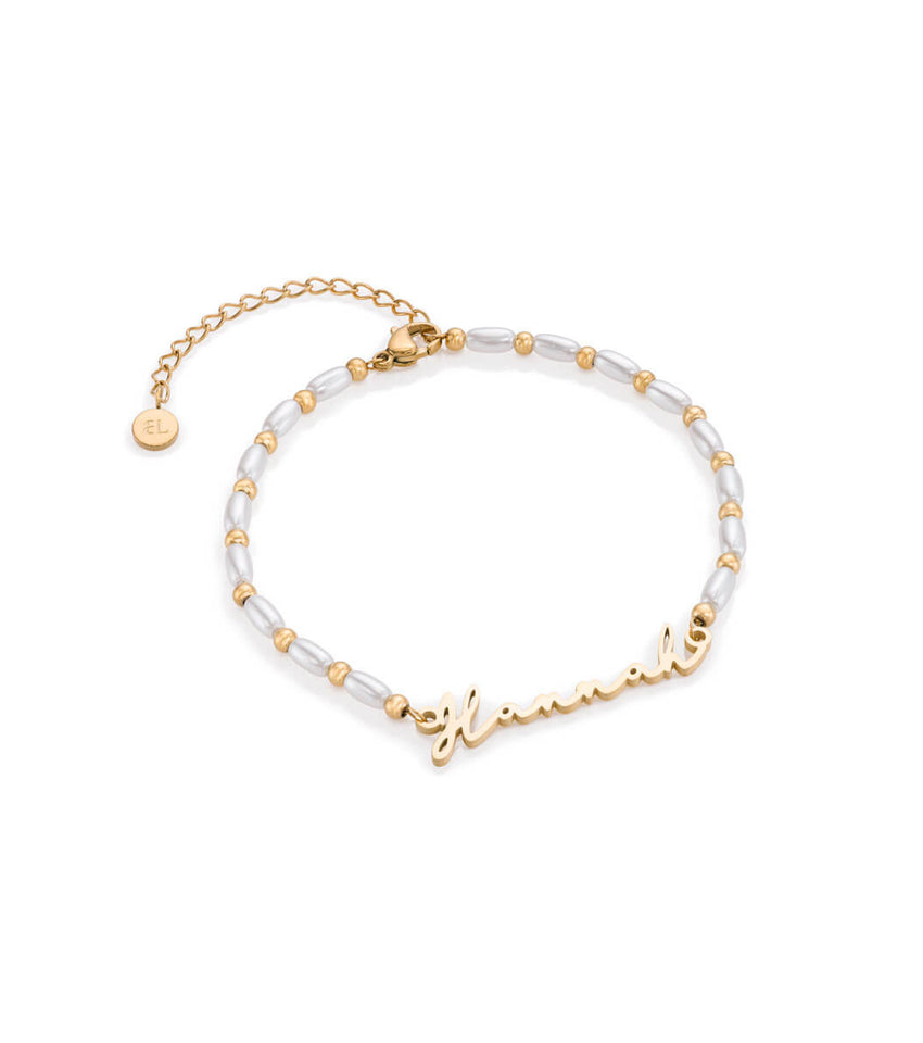 Pearl Chain Signature Name Bracelet (Gold)