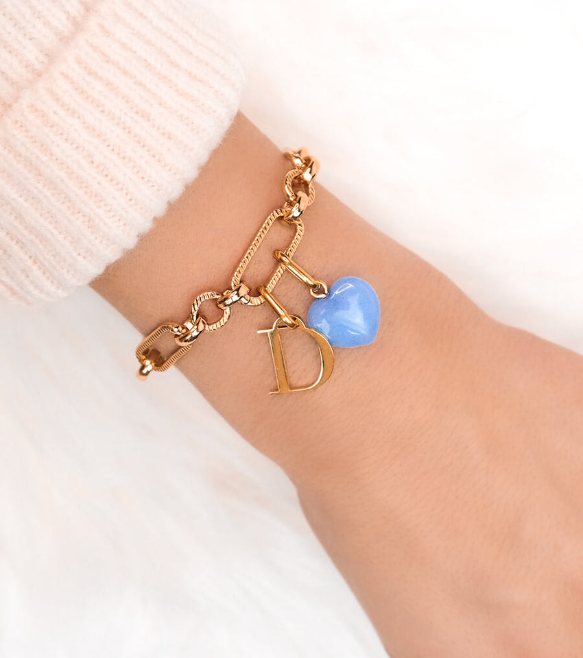 Letter & Birthstone Figaro Chain Bracelet (Rose Gold)