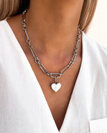 Heart Figaro Chain Necklace & Bracelet Set (Silver)