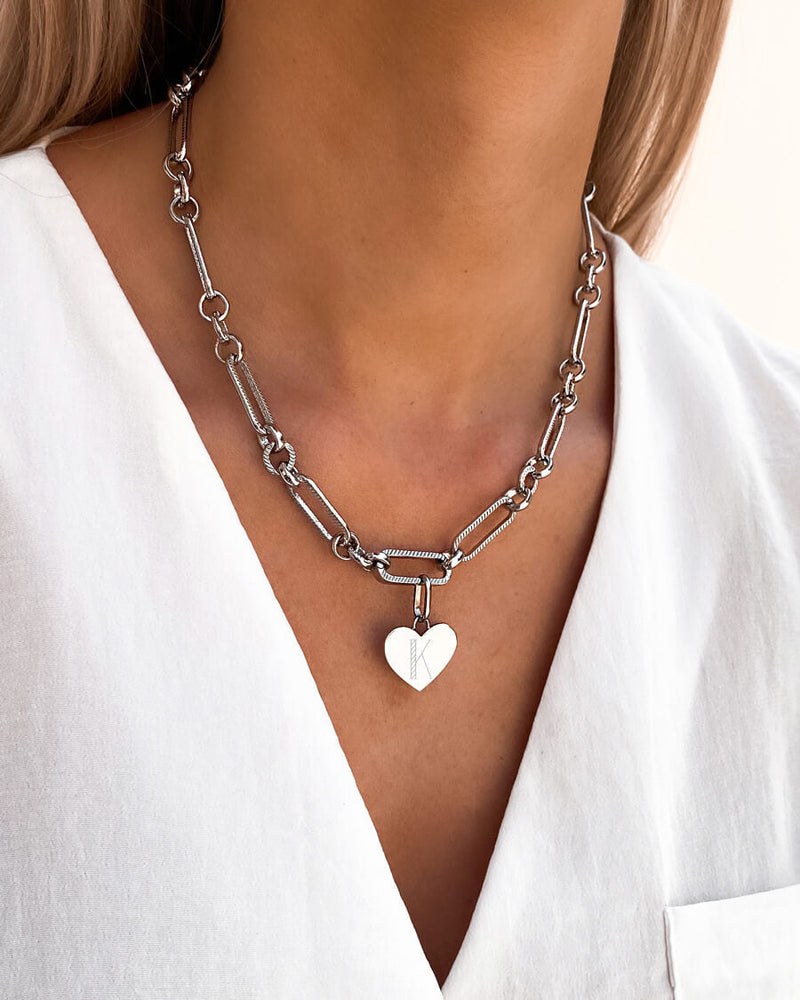 Heart Figaro Chain Necklace & Bracelet Set (Silver)