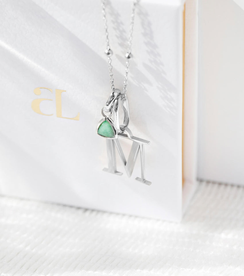Personalized Initial & Droplet Birthstone Necklace (Silver)