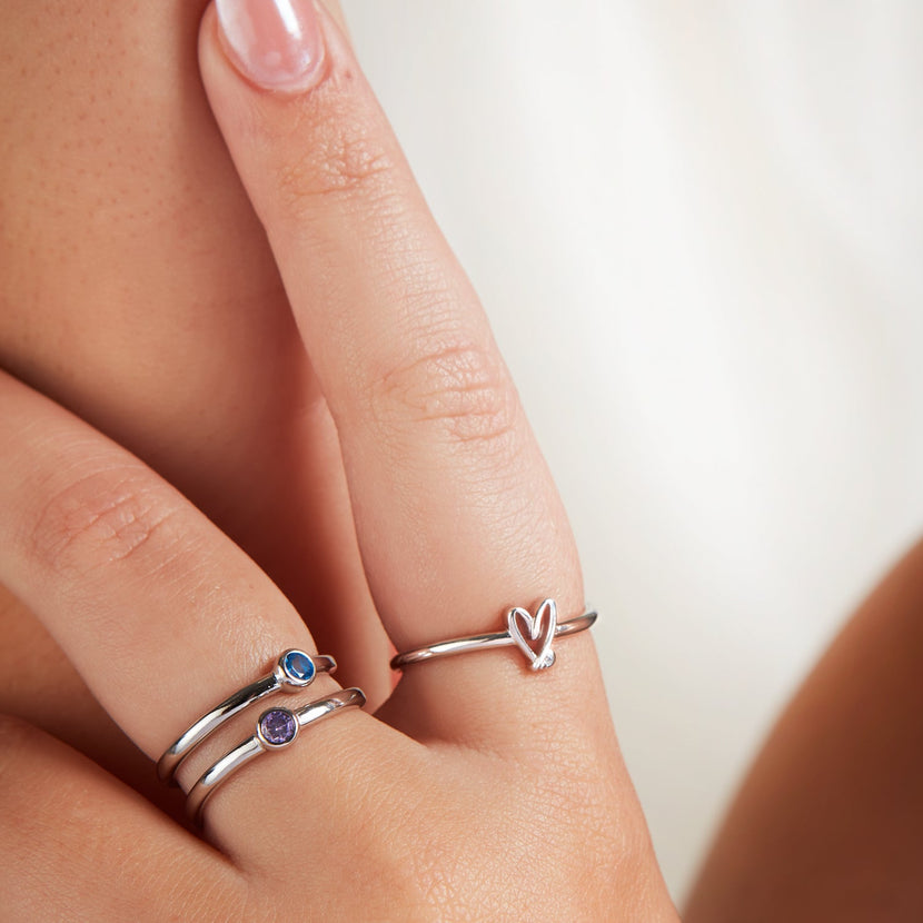 Stories Doodle Heart Birthstone Ring (Silver)