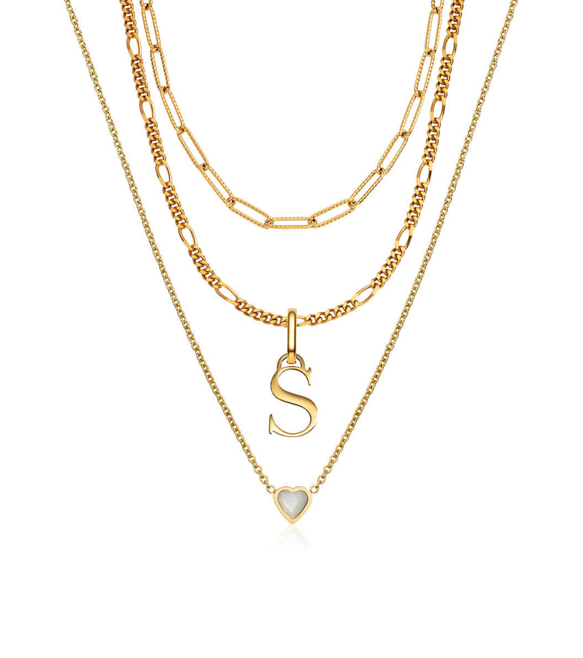Mini Heart Birthstone & Initial Layered Set (Gold)