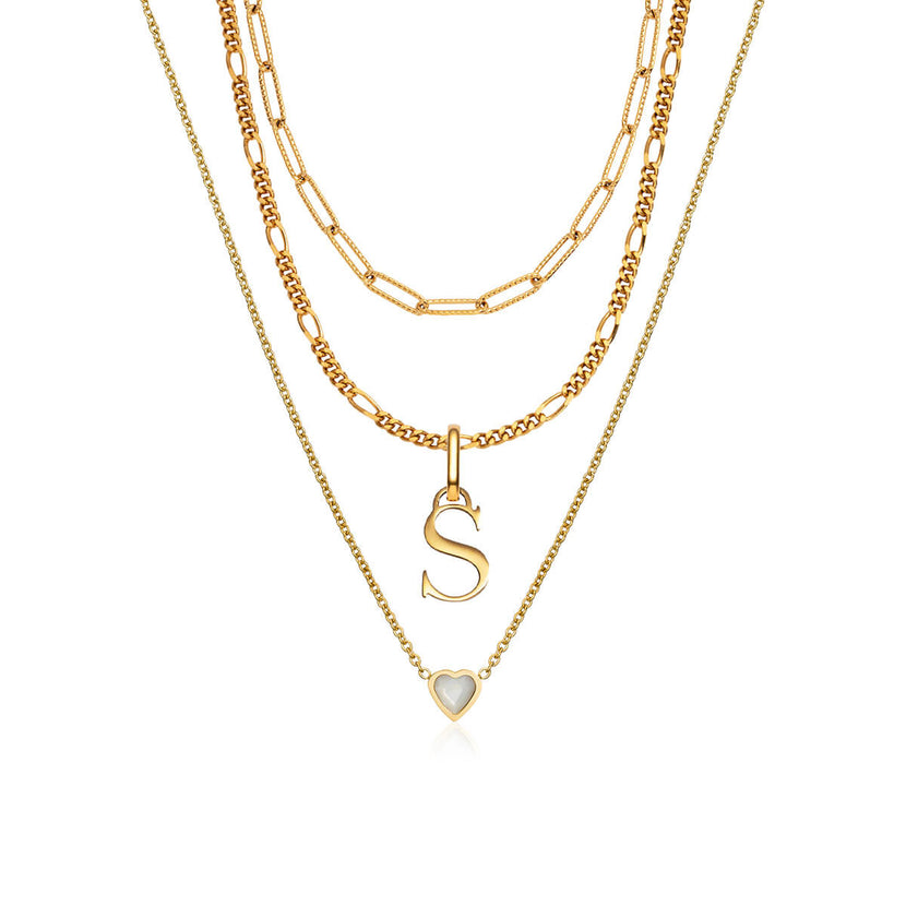 Mini Heart Birthstone & Initial Layered Set (Gold)