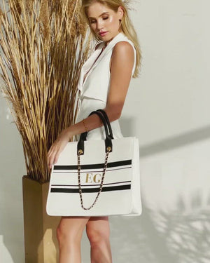 Lauren Ralph Lauren Black White Striped Canvas Tote Bag, Tan Base, Leather  Trim